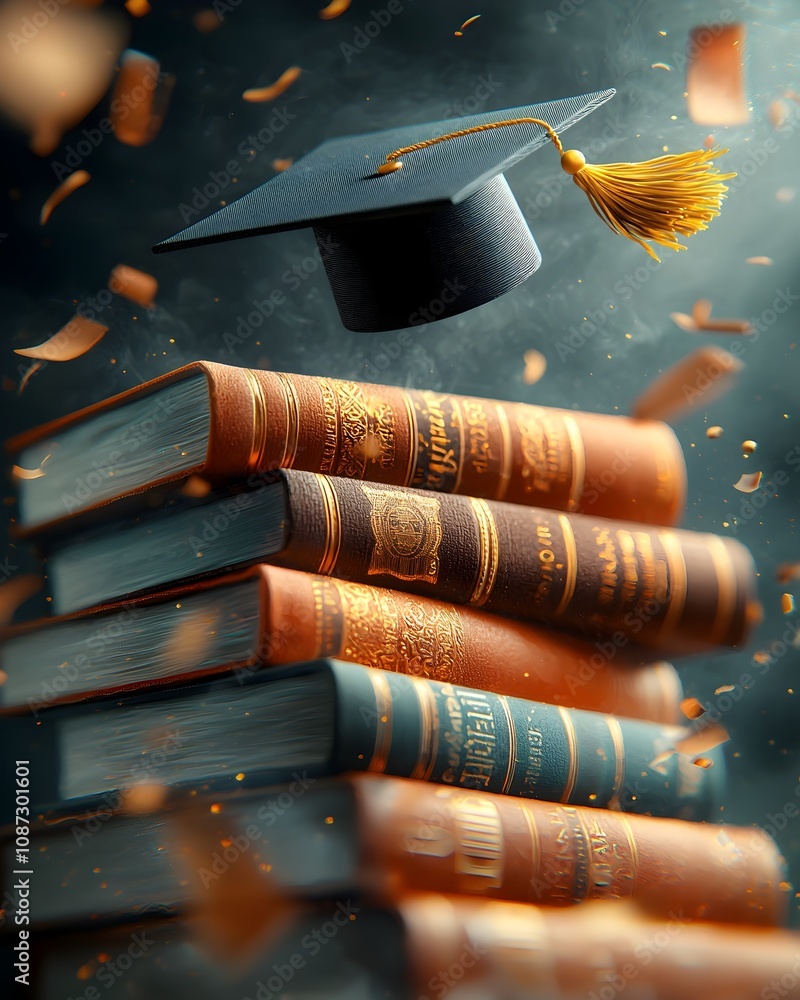 Poster ethereal and surreal close up image of a graduation cap floating above a towering stack of books evo