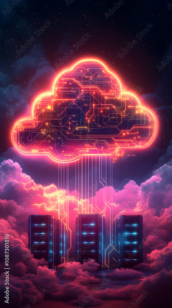Aufkleber neon cloud computing server data center.