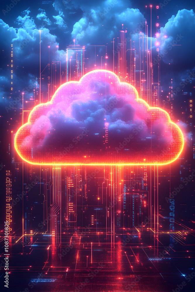 Poster neon cloud computing digital data concept.