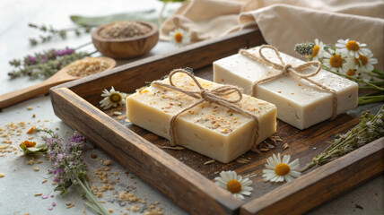 Wooden tray with handmade soaps and chamomile flowers
