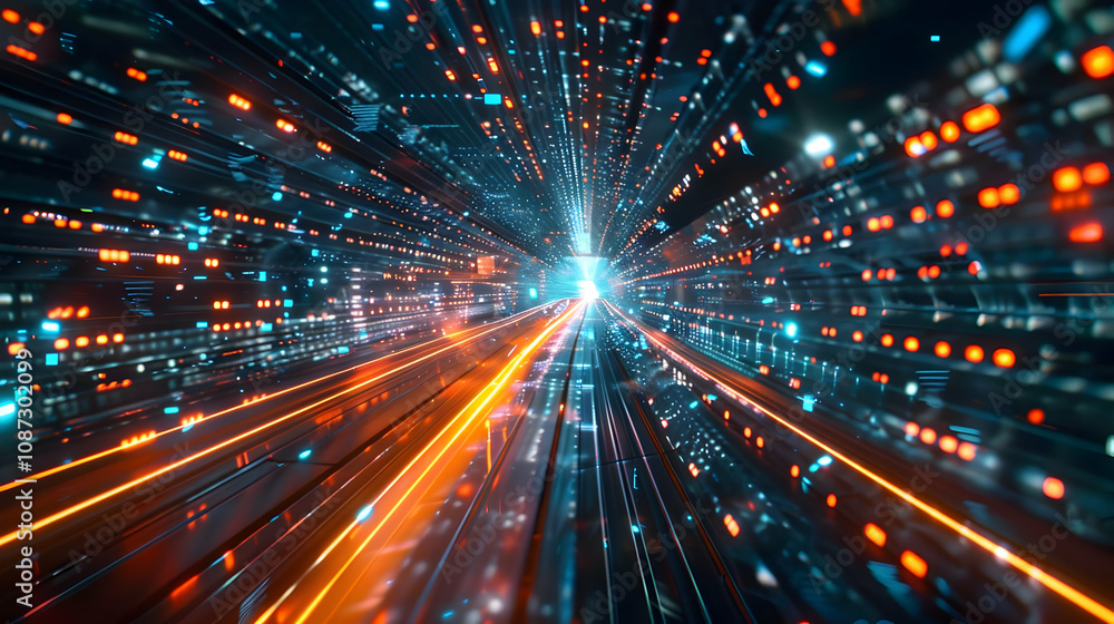 Poster abstract 3d digital tunnel of light speed, racing through futuristic data streams, vivid colors and 