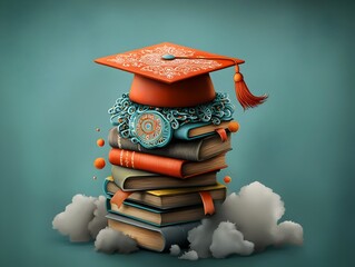 A whimsical hand drawn depicting a graduation cap adorned with intricate ornate patterns precariously balanced atop a stack of books