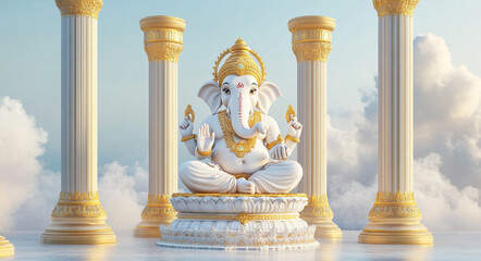 Fototapeta premium Ganesha, a Hindu deity, is shown in a serene pose, seated on a lotus-like pedestal between elegant, ornate columns