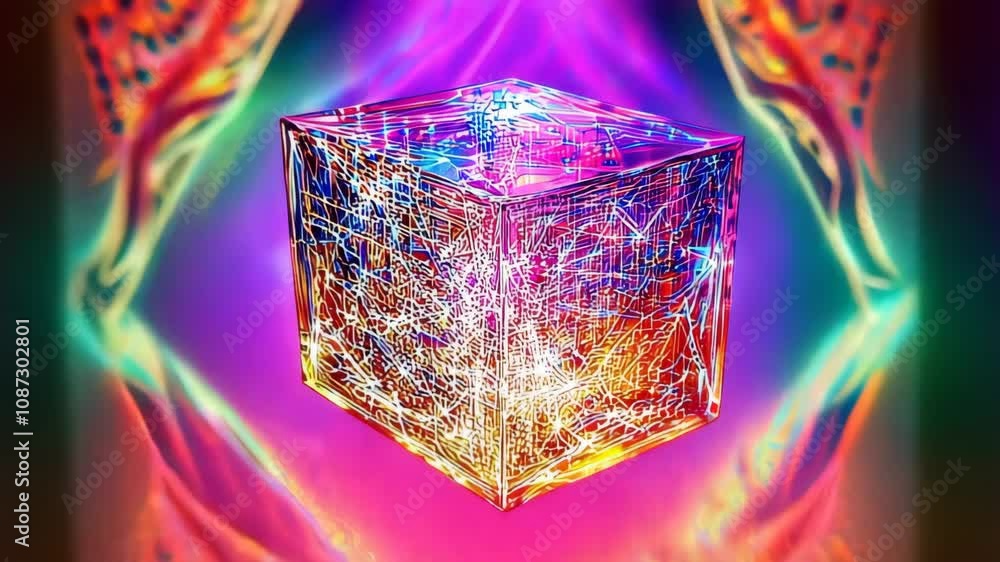 Poster colorful glowing cube rotates, revealing a complex structure composed of intricate lines and dots. t