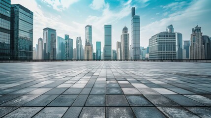 Fototapeta premium Empty square floor with city skyline background, City skyline with a touch of mysticism, mystical elements intertwining with the urban panorama