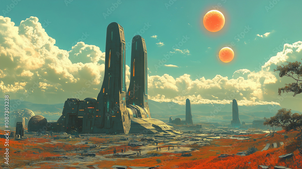 Poster Futuristic landscape with two suns setting over alien structures in a vibrant orange field under a dynamic sky. Generative AI