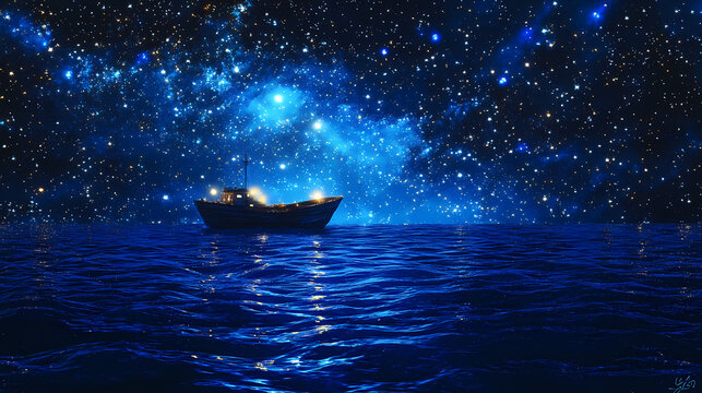 A glowing ship amidst a starry night sky and reflective waters. Dreamlike Ocean Waves. Illustration