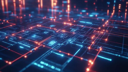 Abstract digital circuitry with glowing lines and nodes representing technology and data flow.