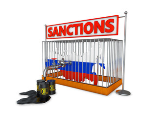 Volumetric map of Russia in a cage with a pipe from which oil flows. 3D render.