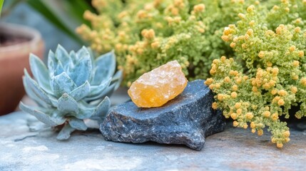 Fototapeta premium A yellow crystal on a stone surrounded by succulents and vibrant yellow flowers.