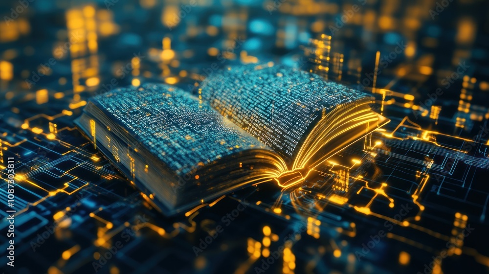 Poster An open book with glowing text over a digital circuit background, symbolizing knowledge and technology.