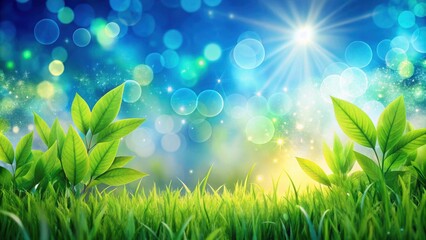 Obraz premium A Magical Meadow of Lush Green Foliage Bathed in Warm Sunlight and Shimmering Bokeh Effects