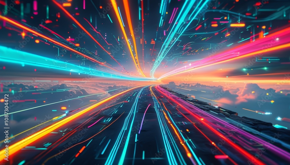 Aufkleber a vibrant, neon-lit highway with dynamic data trails against a surreal sky, symbolizing the fast-pac