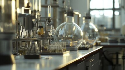 A laboratory filled with glassware and equipment for scientific experiments.