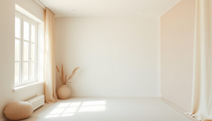 A serene and inviting daylight interior scene of a cozy, empty room bathed in soft, warm light, with a calming pale blue background, evoking feelings of comfort and creativity.