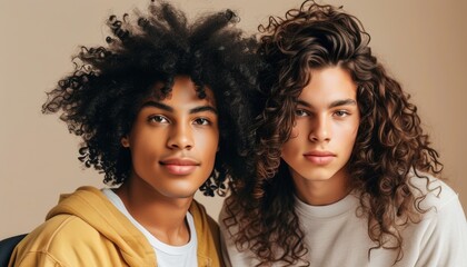 Close-up portrait of two young men with different curly hair types, emphasizing natural texture, volume, and personal style.