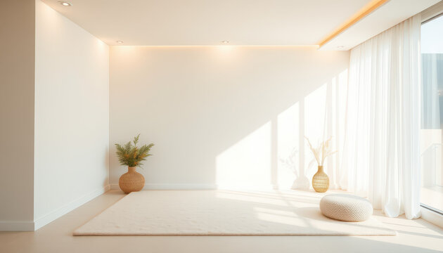 A serene and inviting daylight interior scene of a cozy, empty room bathed in soft, warm light, with a calming pale blue background, evoking feelings of comfort and creativity.