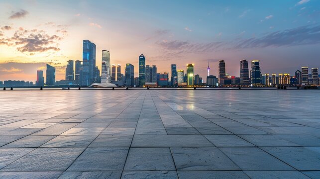 Empty square floor with city skyline background, Cityscape with a utopian vision, idealized urban landscape embodying hope and progress