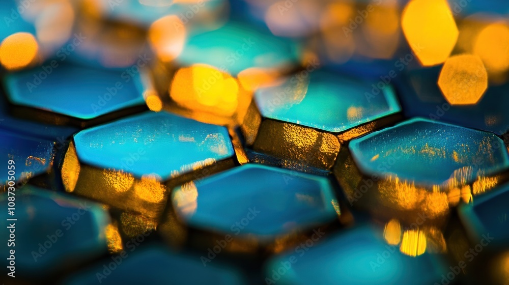 Poster close-up of hexagonal shapes with vibrant colors and glowing lights.