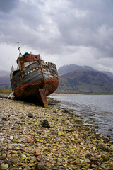 "Old boat of Caol" shipwreck in Corpach near Fort William on a moody day. 