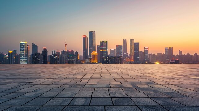 Empty square floor with city skyline background, Cityscape with a utopian vision, idealized urban landscape embodying hope and progress