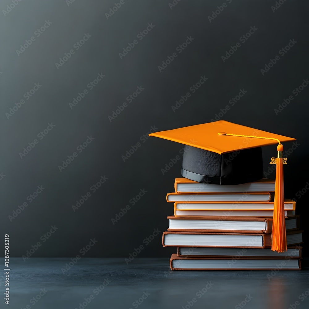 Poster a clean minimalist composition highlighting a freshly polished graduation cap resting upon a stack o