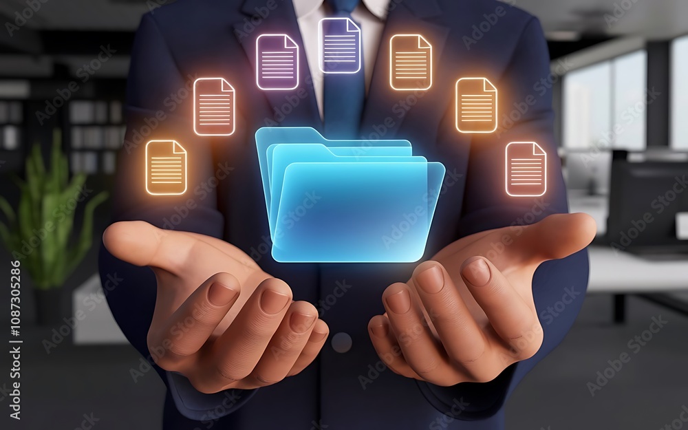 Poster Secure Data Management:  A businessman holds out his hands, showcasing a glowing blue folder with file icons symbolizing digital storage and secure data management.