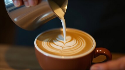 Close-up of a barista crafting intricate latte art in a cup of cappuccino. Perfect for coffee culture, barista skills, and gourmet beverage themes. Ideal for cafes and coffee enthusiasts.