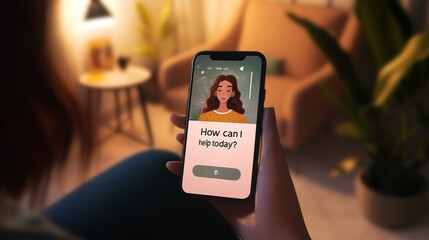 Virtual therapist chat interface on a phone screen offering empathetic support and guidance in a cozy setting