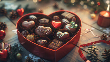 An open heart shaped chocolate box containing chocolates around it.
