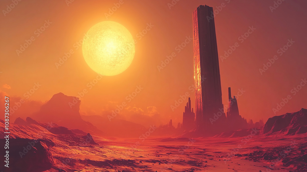 Poster a towering structure under a large sun in a barren landscape during a surreal sunset. generative ai