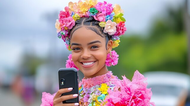 A person with floral hair accessories smiles while using an AI application for cultural hairstyle tutorials