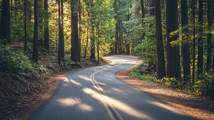 Obraz premium Winding Road Through Lush Forest: A Serene Journey into Nature's Embrace