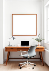 An elegant home office space in minimalist design, with a frame mockup above a sleek wooden desk. The desk is styled with a laptop, a cup of coffee, and a small stack of books.