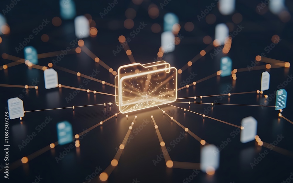 Poster centralized data network: a glowing folder icon at the heart of a complex network, symbolizing inter