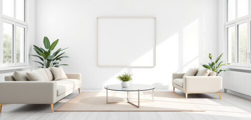 A modern white living room with a minimalist aesthetic, featuring a large blank frame mockup on a smooth white wall. The room includes a neutral-toned sofa, a round glass coffee table.