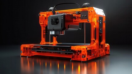 Modern 3D printer displayed against a dark background in a workshop setting