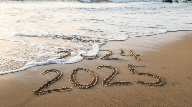 2024 to 2025 written text on beach sand & sea wave background. coming happy new year celebration concept.