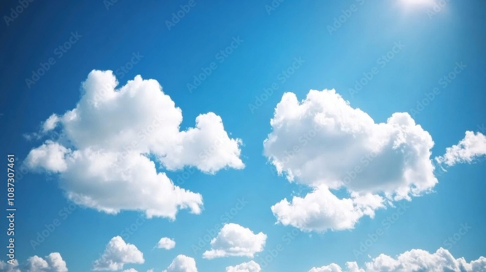 Poster the bright blue sky features fluffy white clouds drifting gently, providing a tranquil and calming v