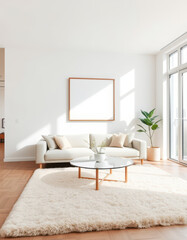 Fototapeta premium A cozy corner of a living room with a frame mockup hanging above a soft armchair. The armchair is in a pastel tone, paired with a round side table holding a cup of coffee and a book. 