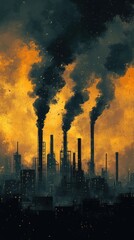 Obraz premium Silhouetted Industrial Cityscape with Smoke Plumes Against a Sunset Sky
