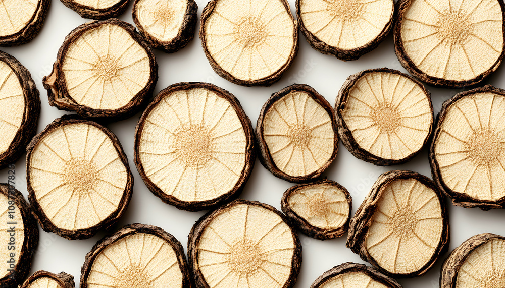 Poster abstract background of intricately patterned wood slices, arranged in an overlapping design on a whi