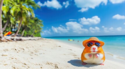 Obraz premium A cute guinea pig in sunglasses and a straw hat enjoys a sunny day on the beach with palm trees and blue ocean water in the background