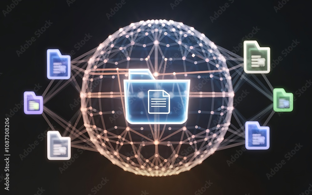 Poster global data network: a futuristic and abstract illustration of a data network, with folders and file