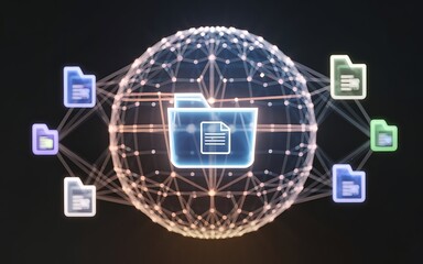 Global Data Network: A futuristic and abstract illustration of a data network, with folders and files connected by a glowing sphere.