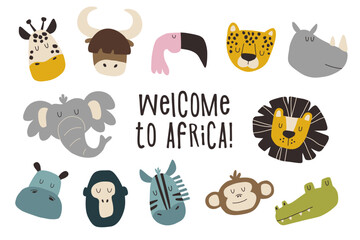 Funny african animal faces, including lion, elephant, giraffe, crocodile, rhinoceros and others. Welcome to Africa cute animal illustration.