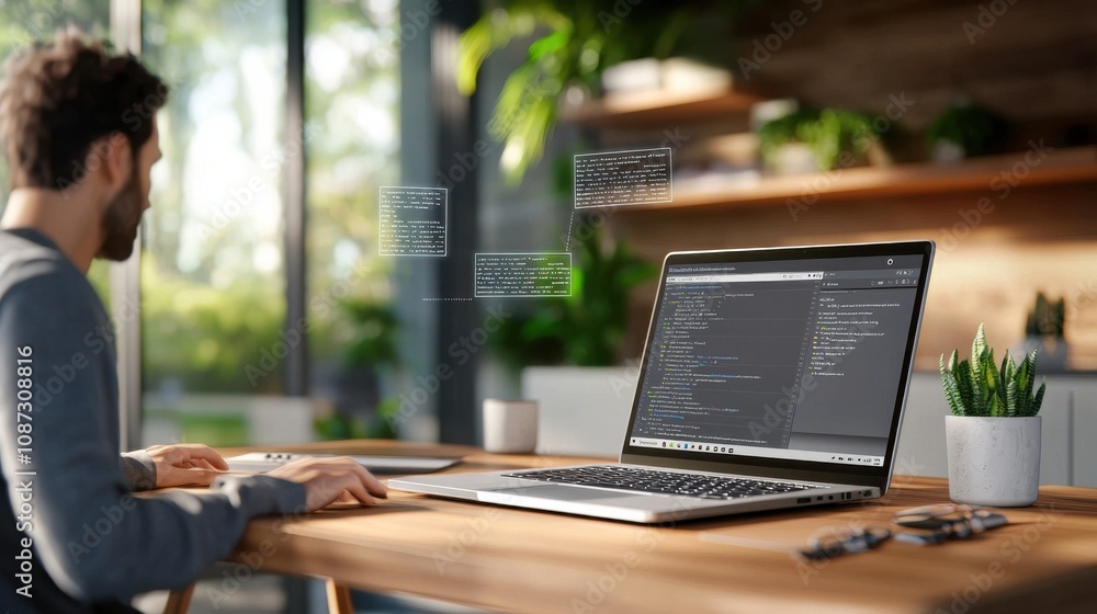 Poster modern workspace with laptop and code display