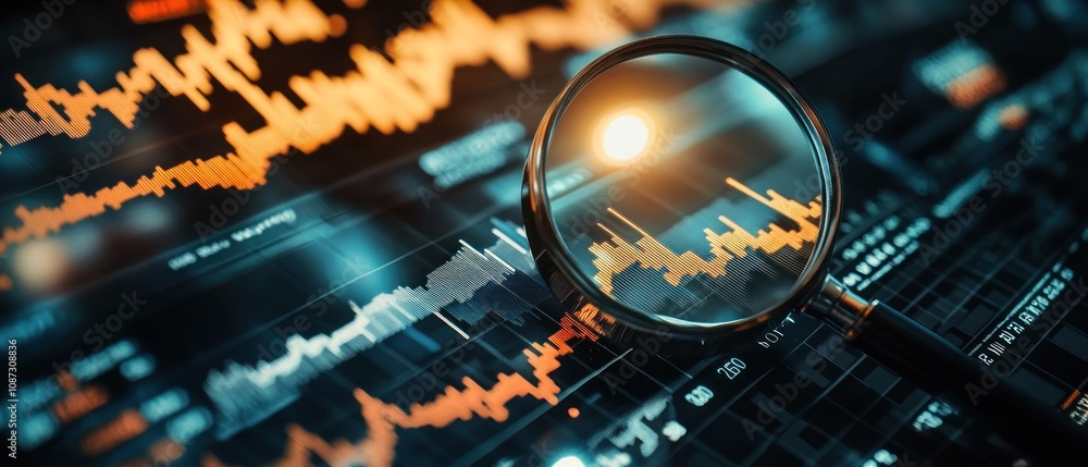 Poster a magnifying glass focuses on financial data displayed on a digital screen.