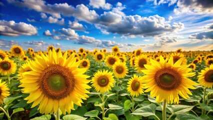 Fototapeta premium A vibrant field of sunflowers basking in the golden light of the setting sun, framed by a sky painted with fluffy clouds.