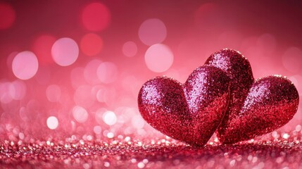 Fototapeta premium Red glittering hearts on a sparkling pink background for Valentine's Day